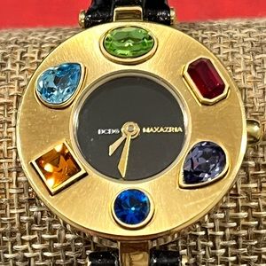 BCBGMAXAZRIA PRE-LOVED AUTHENTIC SEMI-PRECIOUS STONES & SOFT BLACK LEATHER WATCH